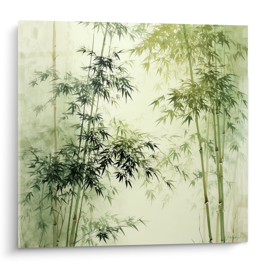 Tableau Bambous verts et tiges dorées brumeuses - Brume matinale - Edition Bambou