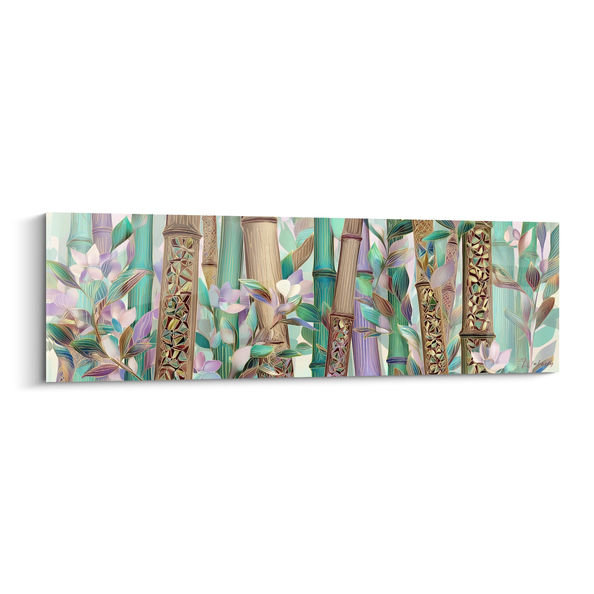 Bambous vert jade et dorés ciselés, feuillages pastel et fleurs roses sur fond clair