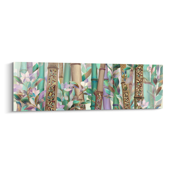 Cuadro Tallo turquesa y morado motivos incrustados dorados - Flores delicadas entrelazadas - Edición Bambú