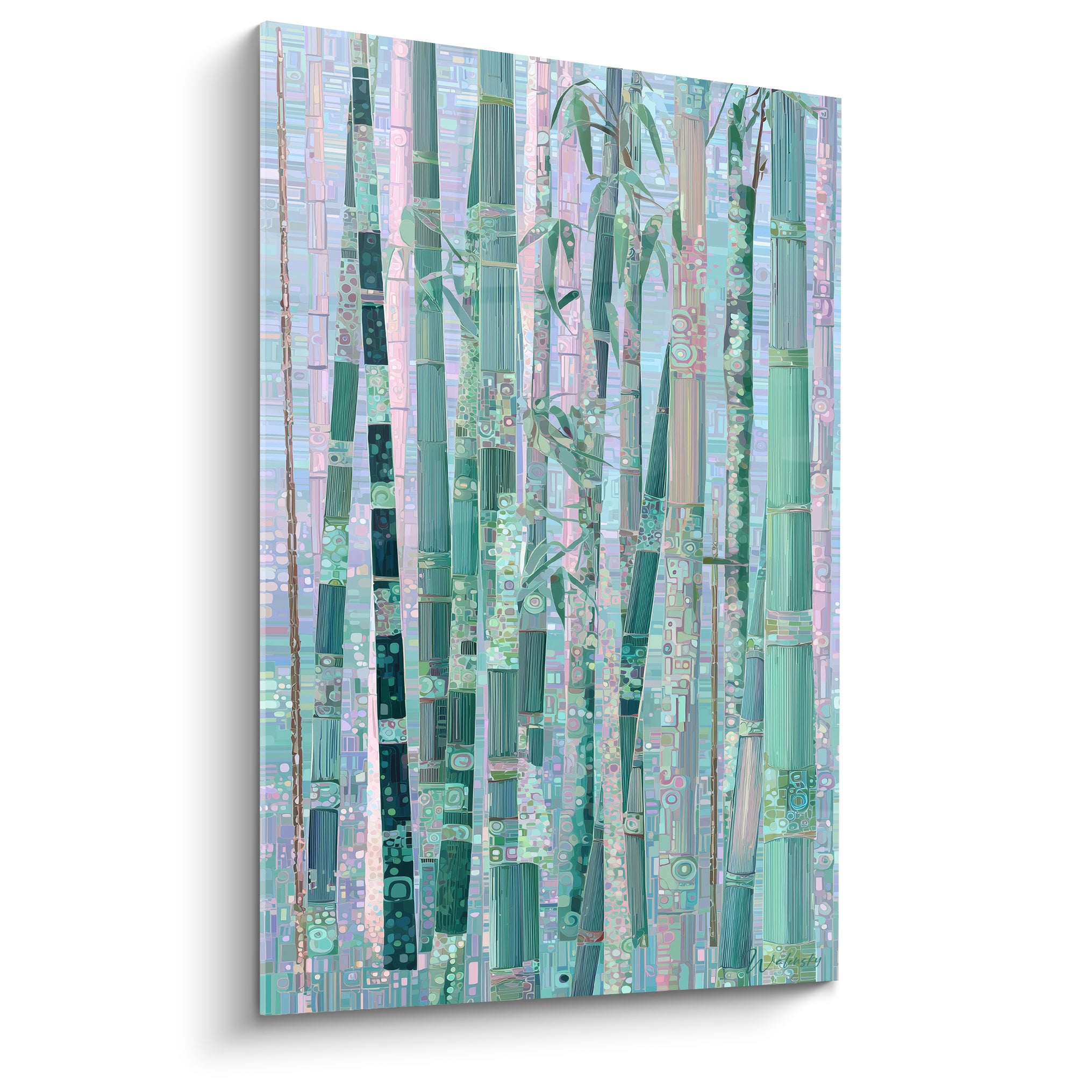 Bambou vert menthe et rose pastel aux tiges verticales texturées et feuillage stylisé