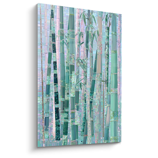 Bambou vert menthe et rose pastel aux tiges verticales texturées et feuillage stylisé
