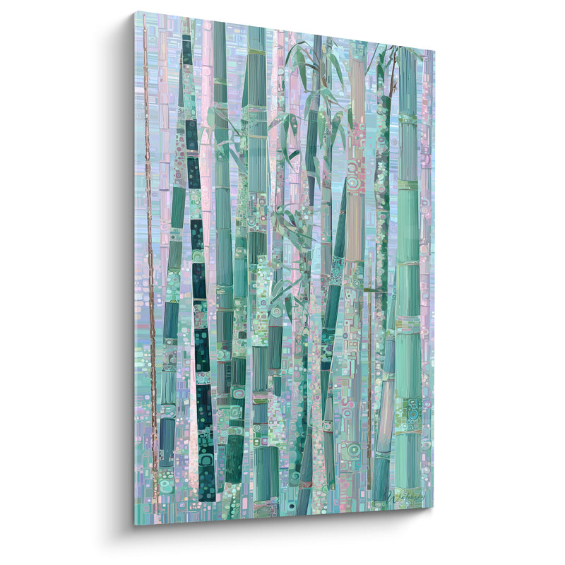 Tableau Tiges vert menthe et rose pâle motifs mosaïqués - Bosquet pastel géométrique - Edition Bambou