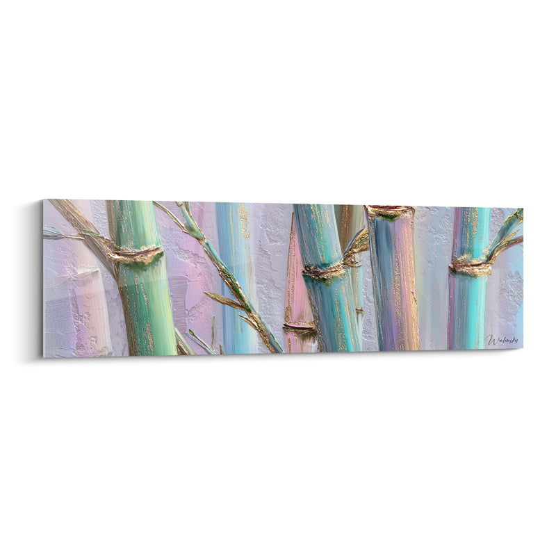Tableau Tiges turquoise et rose pastel noeuds dorés - Fond mauve texturé - Edition Bambou