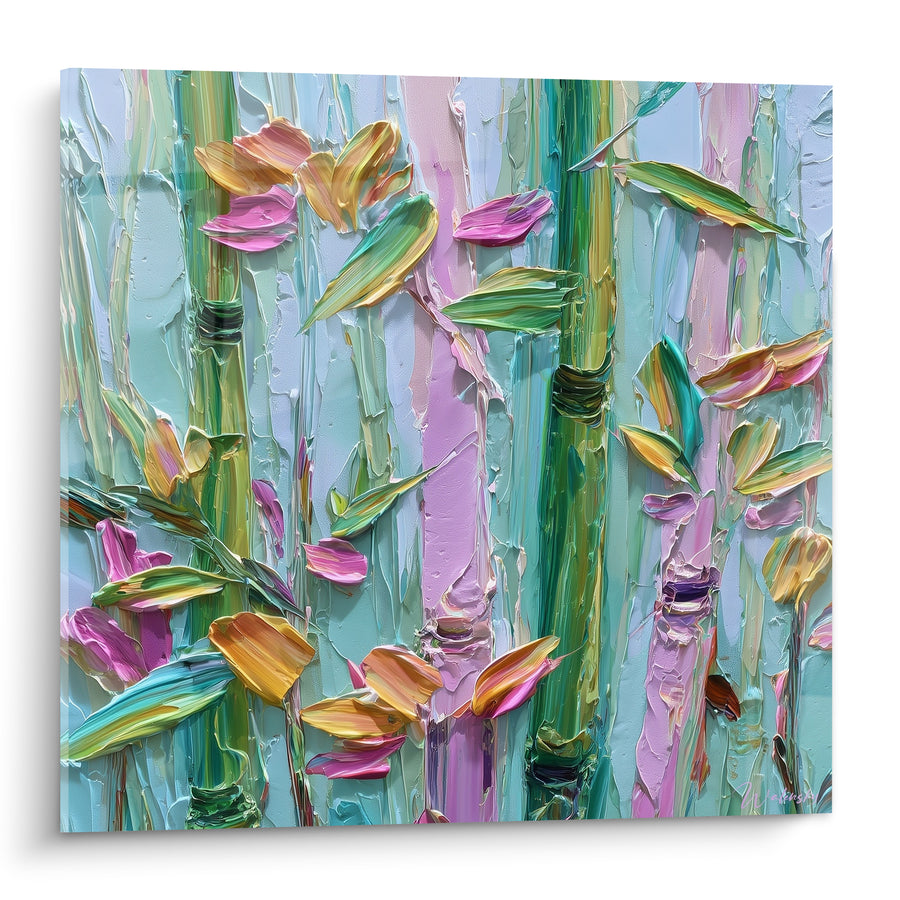 Tableau Tiges rose et vert feuilles dorées éclatantes - Empâtements colorés au couteau - Edition Bambou
