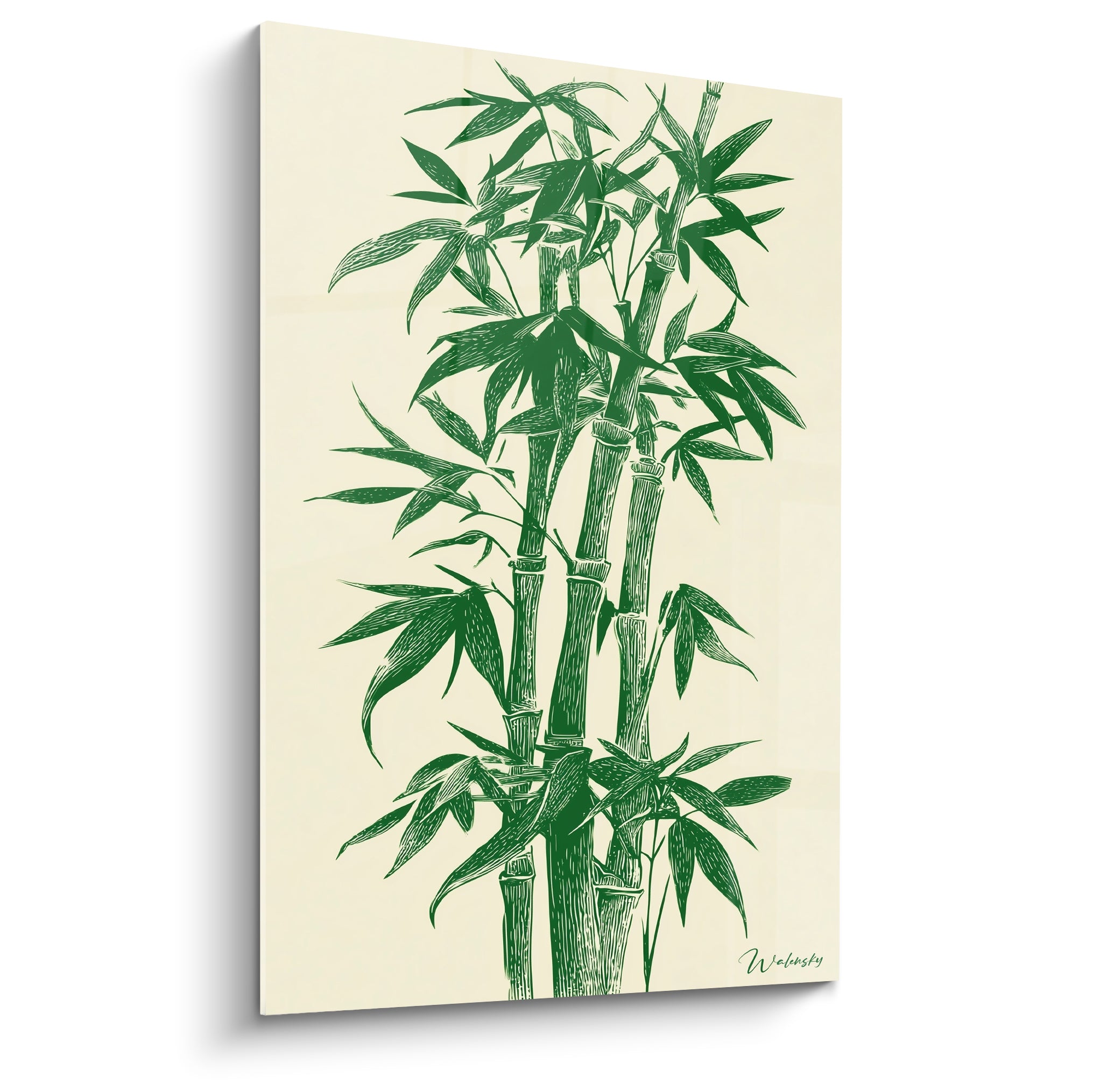 Bambou aux tiges vert sapin et fond ivoire, illustration façon gravure botanique