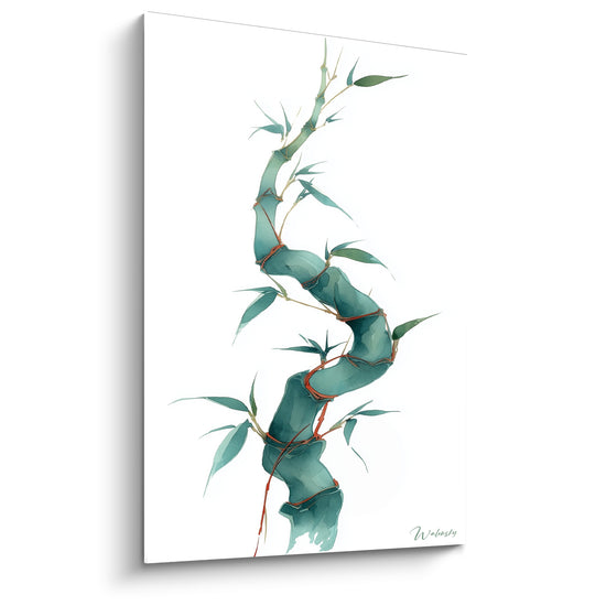Gemälde Bambusranke türkis und weiß feine rote Adern - Fließende minimalistische Aquarell – Edition Bambou