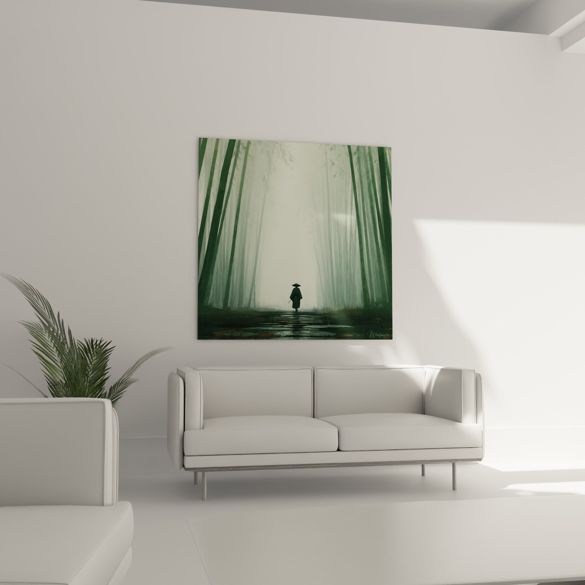 Personnage vêtu de sombre du tableau Bambou vert sauge au-dessus d'un canapé dans un salon lumineux