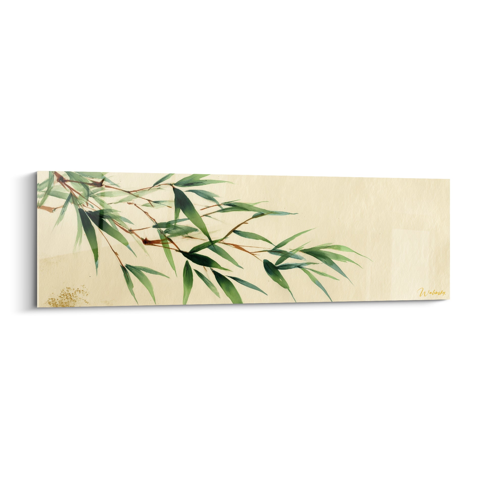 Branche de bambou vert sauge et émeraude peinte sur fond ivoire, style aquarelle japonisante