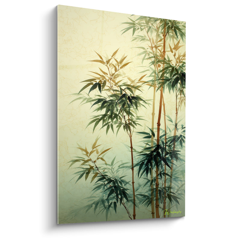 Tableau Tiges vert et beige sur fond craquelé ivoire - Dégradé aquarelle délicat - Edition Bambou
