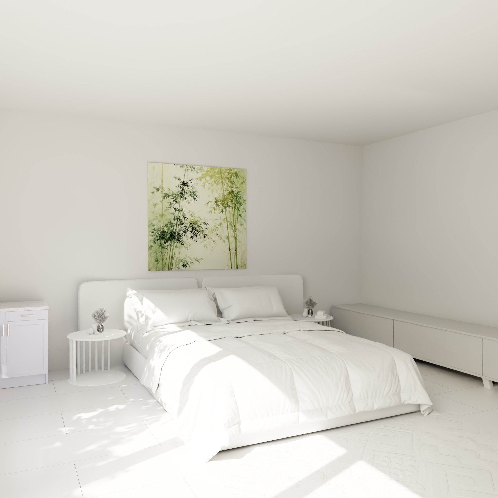 Bambous vert sauge et anthracite dans une brume légère, au-dessus d'un lit dans une chambre claire