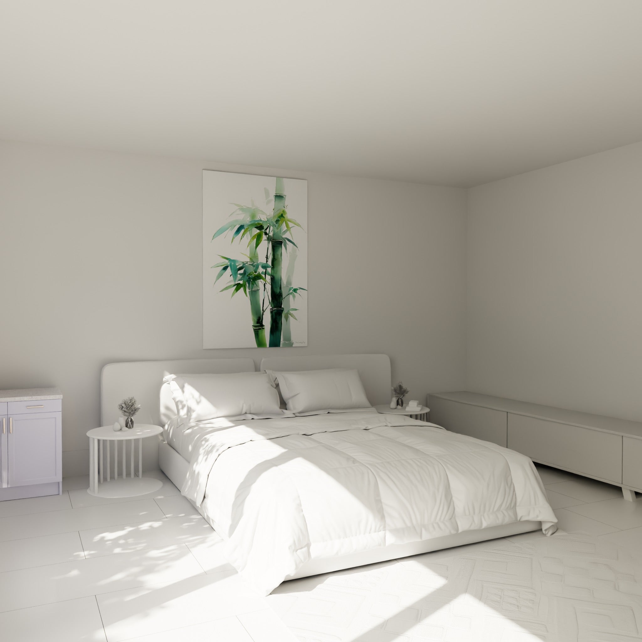Tiges de bambou vert et blanc en aquarelle, accrochées au-dessus d'un lit dans une chambre claire