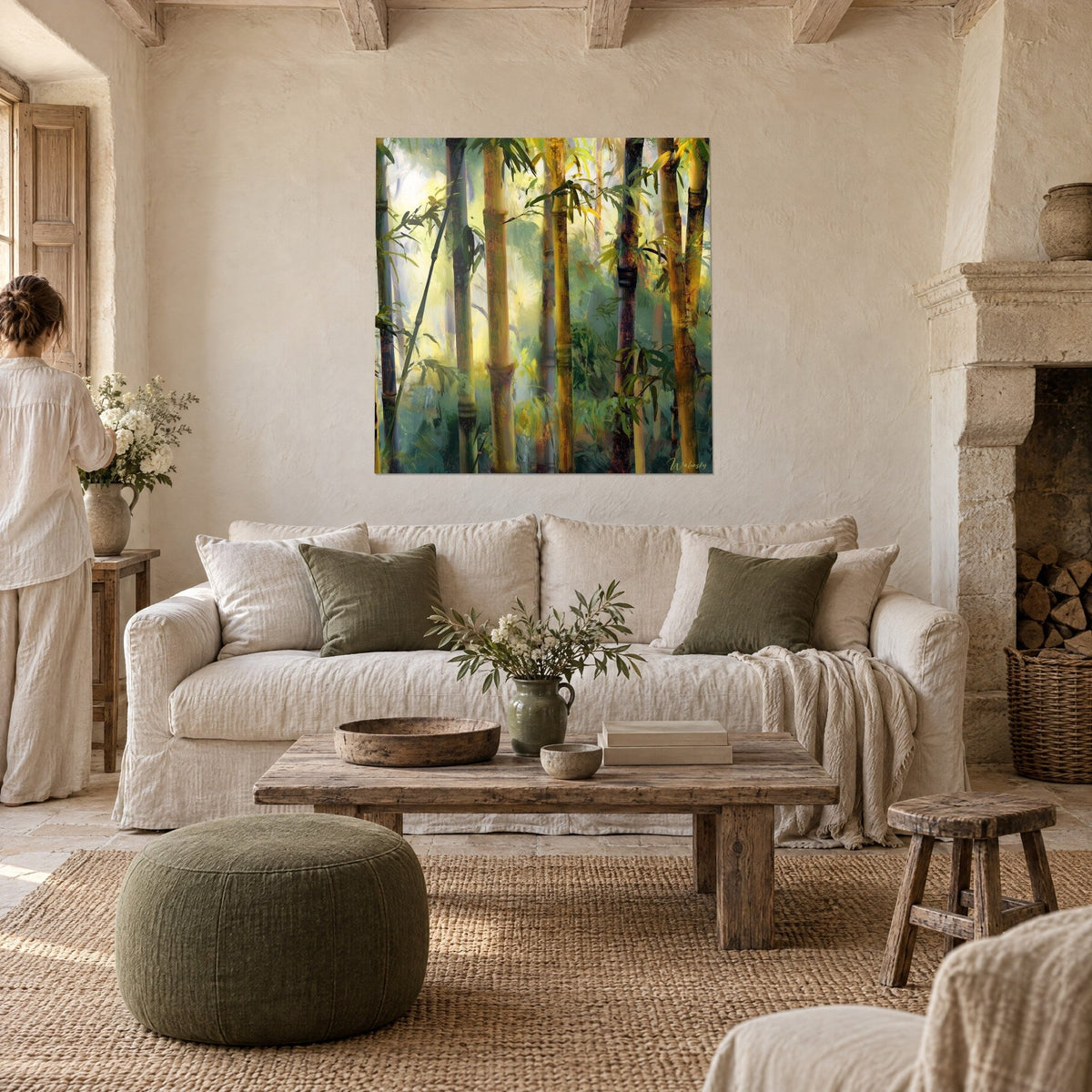 Wall art backlit bamboo grove with ochre and fir-green stalks, filtered golden glow, above a sofa in a bright living room