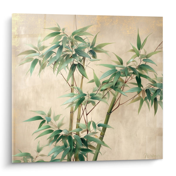 Cuadro de bambú verde y fondo dorado - Quietud oriental - Edición Bambú