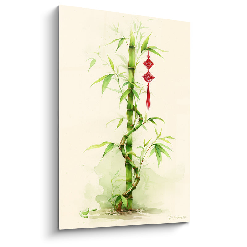 Tableau Bambou tressé vert et pendentif rouge - Porte-bonheur silencieux - Edition Bambou