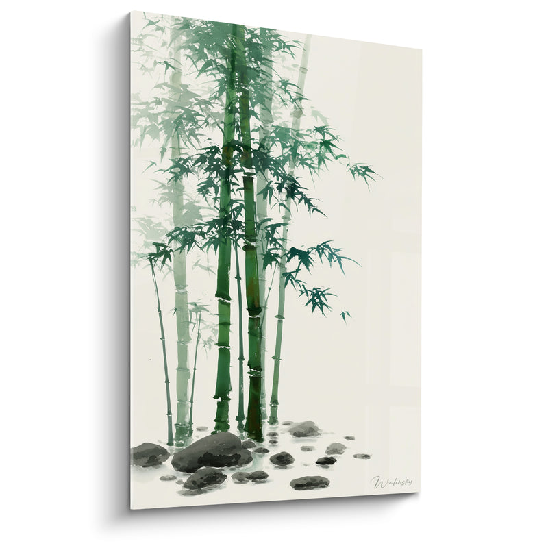 Tableau Tiges vert et gris galets épars au sol - Lit de rivière - Edition Bambou