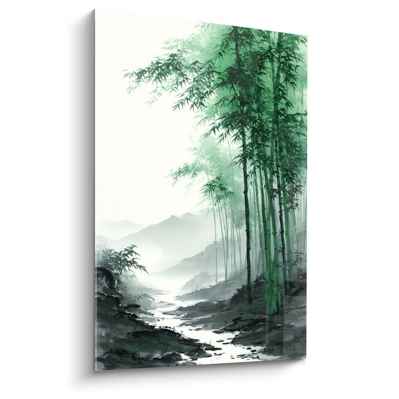 Tableau Bosquet vert et gris montagnes lointaines estompées - Vallée embrumée - Edition Bambou