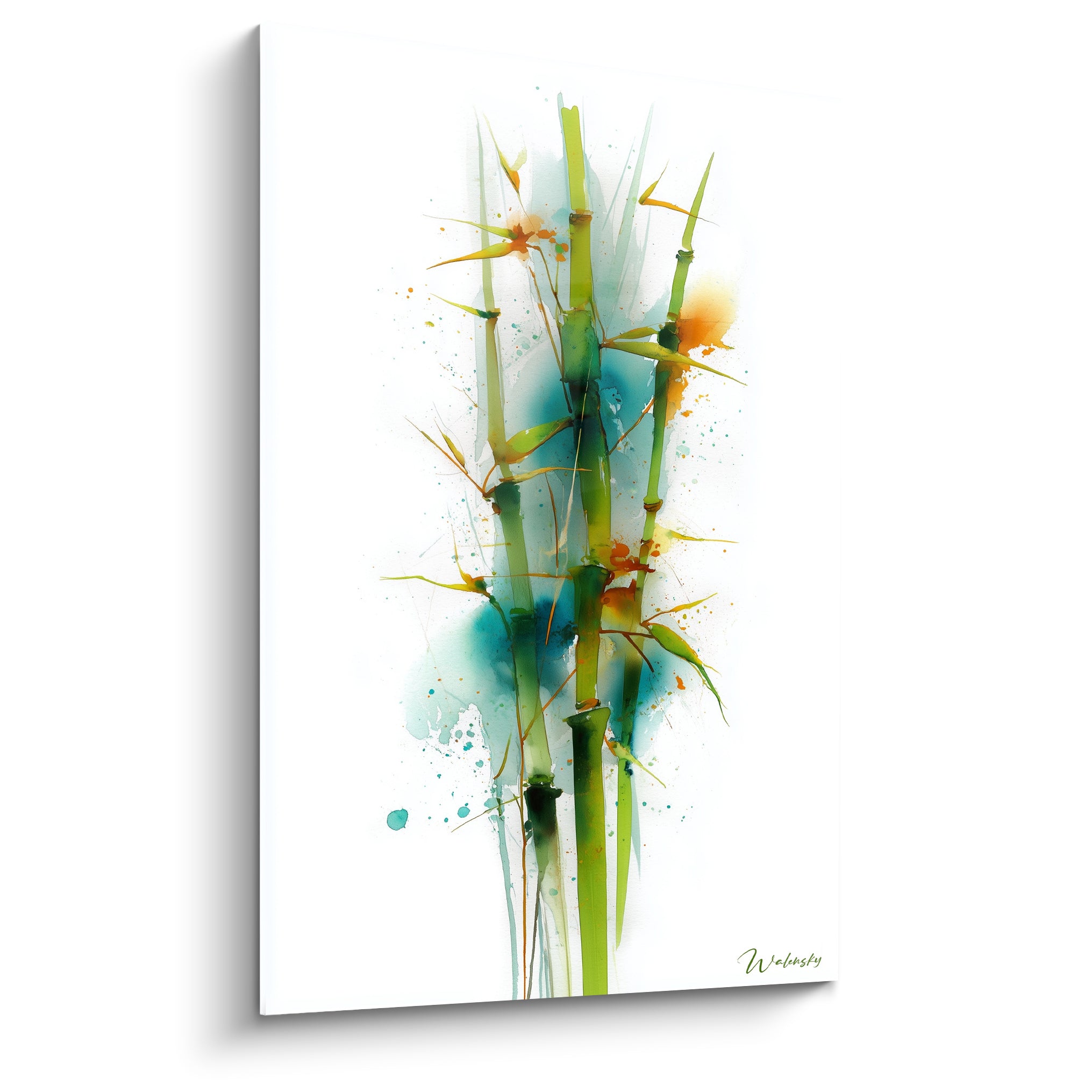 Bambou vert et bleu turquoise en éclaboussures d'aquarelle sur fond blanc épuré