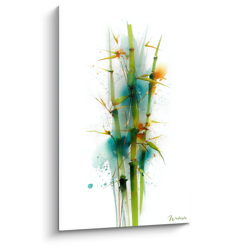 Tableau Tiges vertes et turquoise éclaboussures aquarelle sur fond blanc - Fond immaculé épuré - Edition Bambou