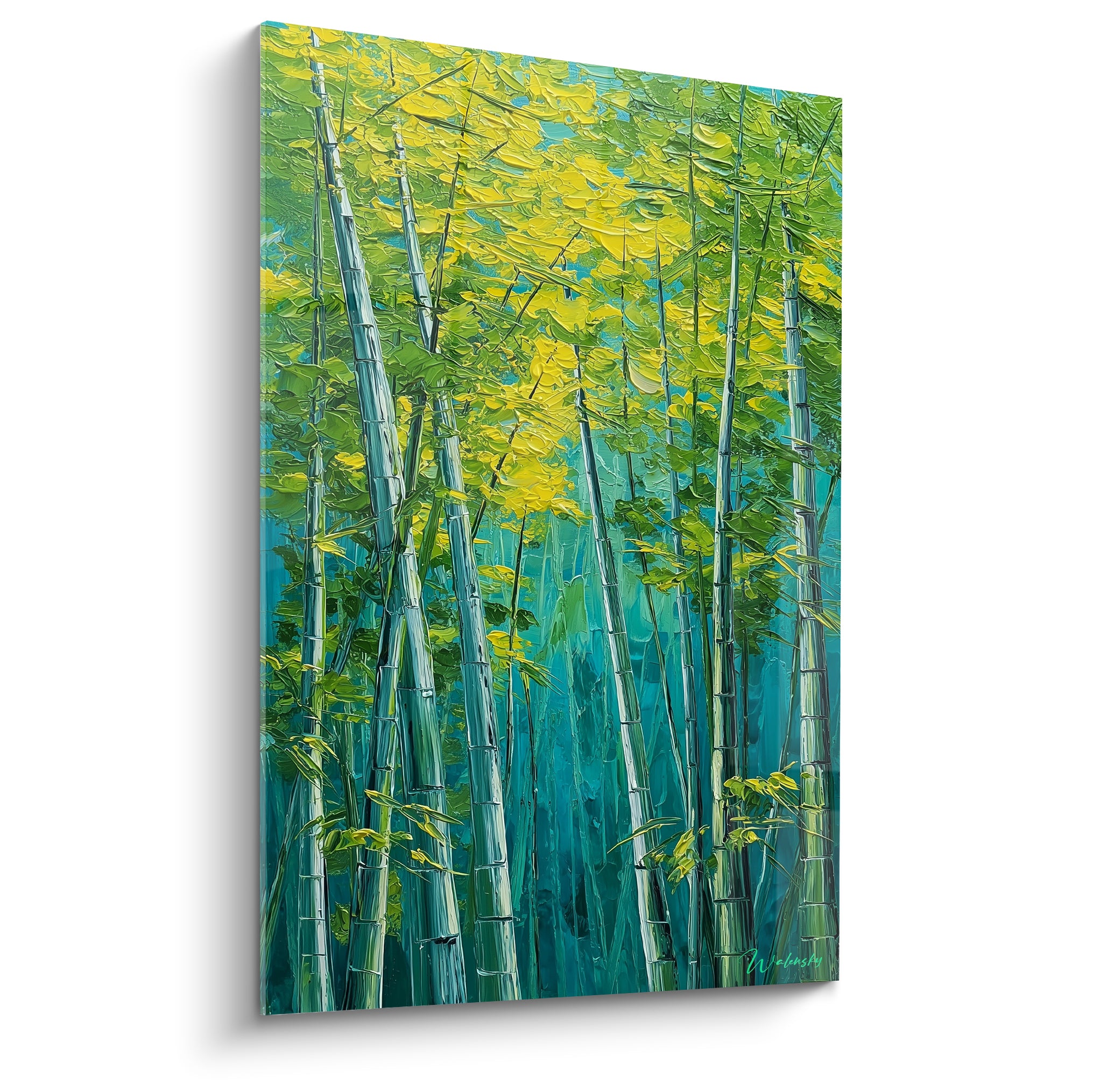 Bambou peint en tiges verticales, feuillage turquoise et doré, texture épaisse au couteau