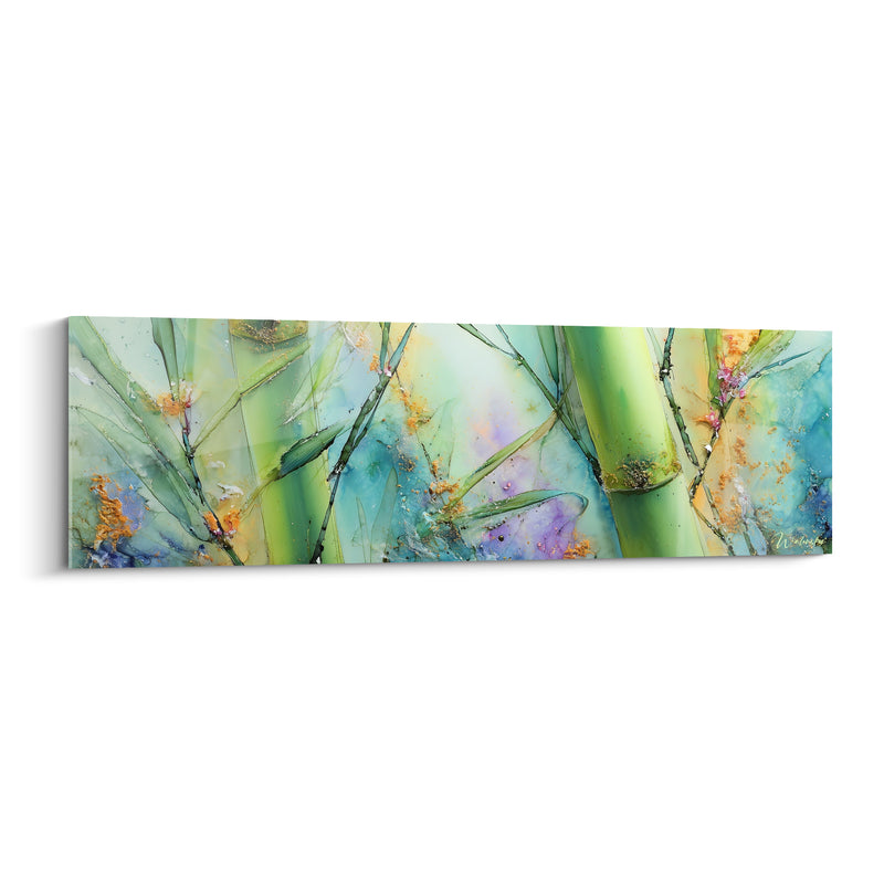 Tableau Tiges vert et turquoise fleurs roses discrètes - Éclaboussures pastel diffuses - Edition Bambou