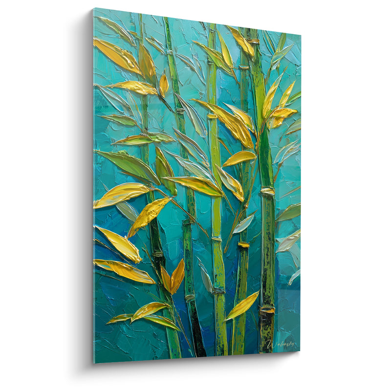 Tableau Tiges vertes et feuilles dorées empâtées - Fond bleu turquoise - Edition Bambou