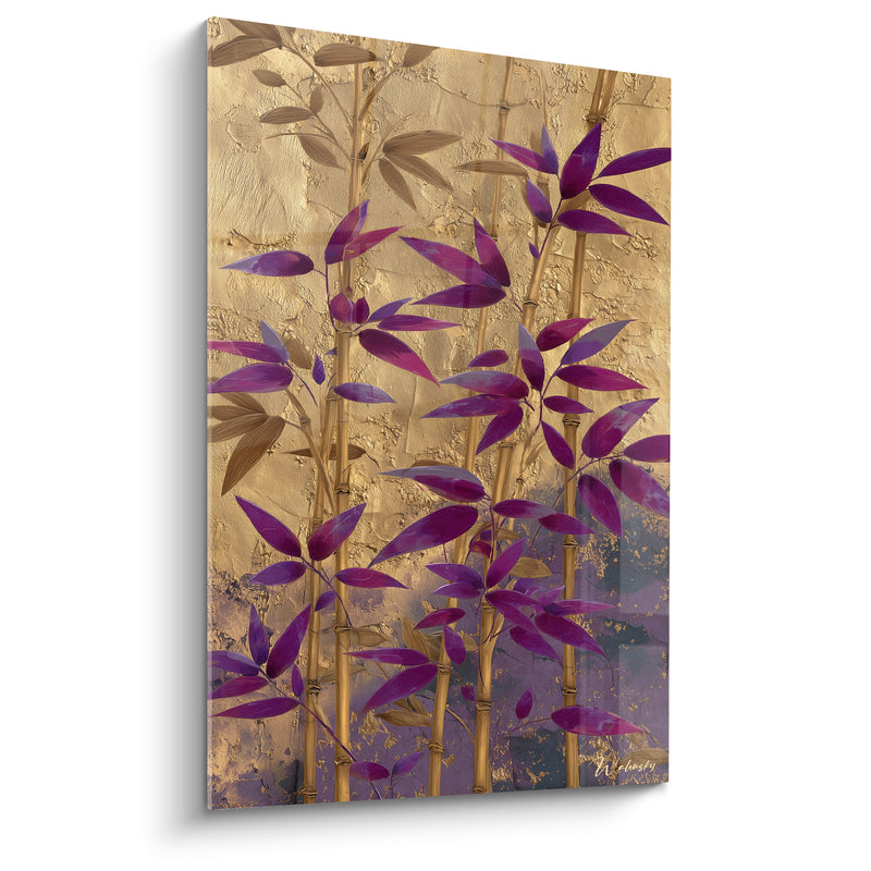 Tableau Feuilles pourpres et tiges dorées sur mur craquelé - Effet de matière ancienne - Edition Bambou