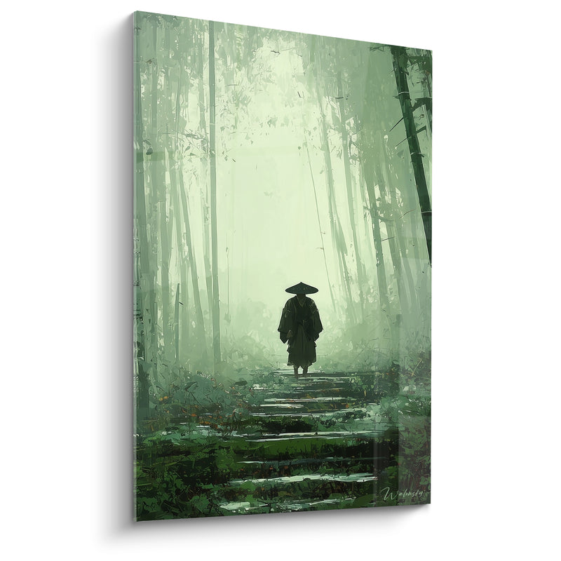 Tableau Voyageur vert et gris sur sentier de pierres - Chemin dallé humide - Edition Bambou
