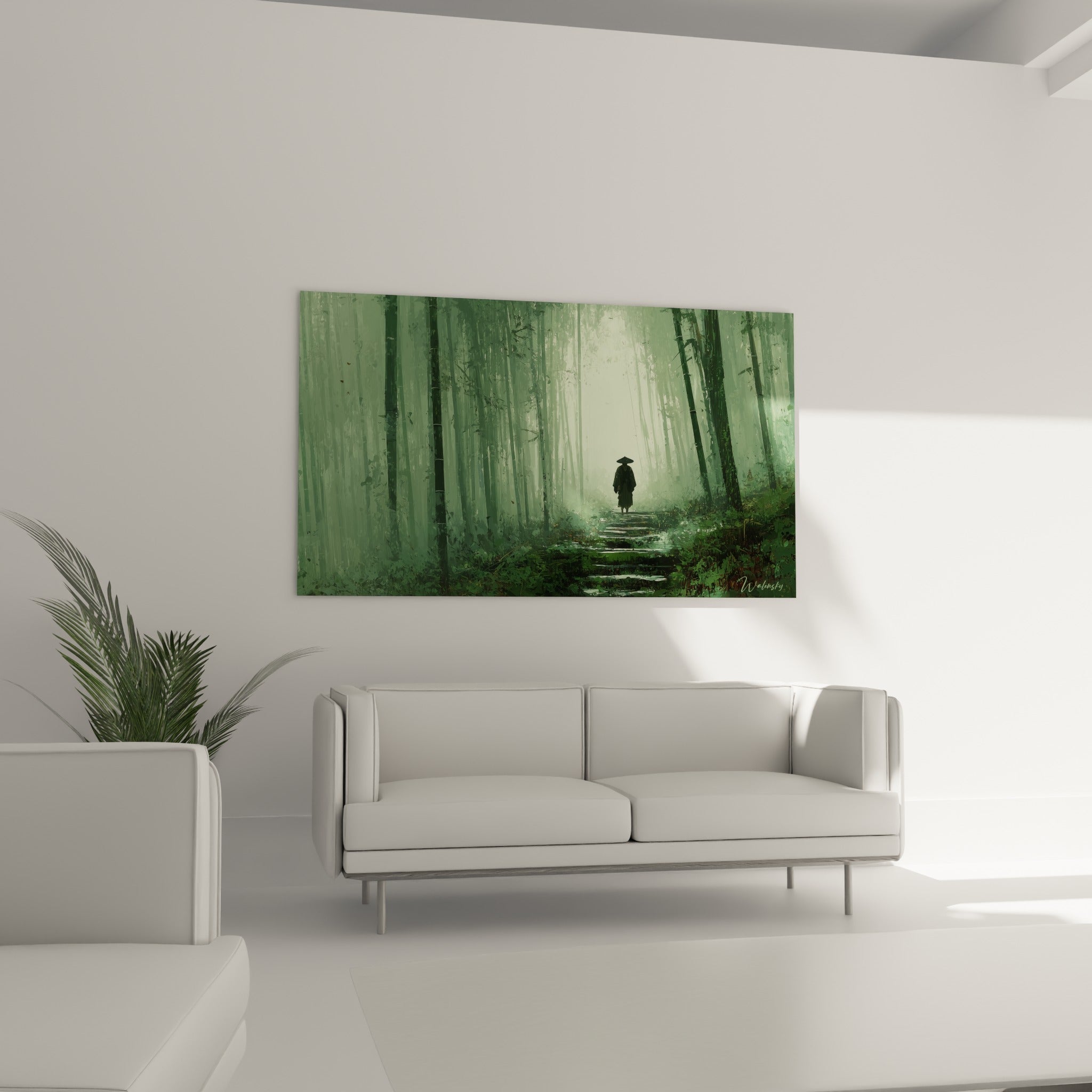 Voyageur en vêtements foncés traversant une forêt vert sauge baignée de lumière, au-dessus d'un canapé dans un salon lumineux