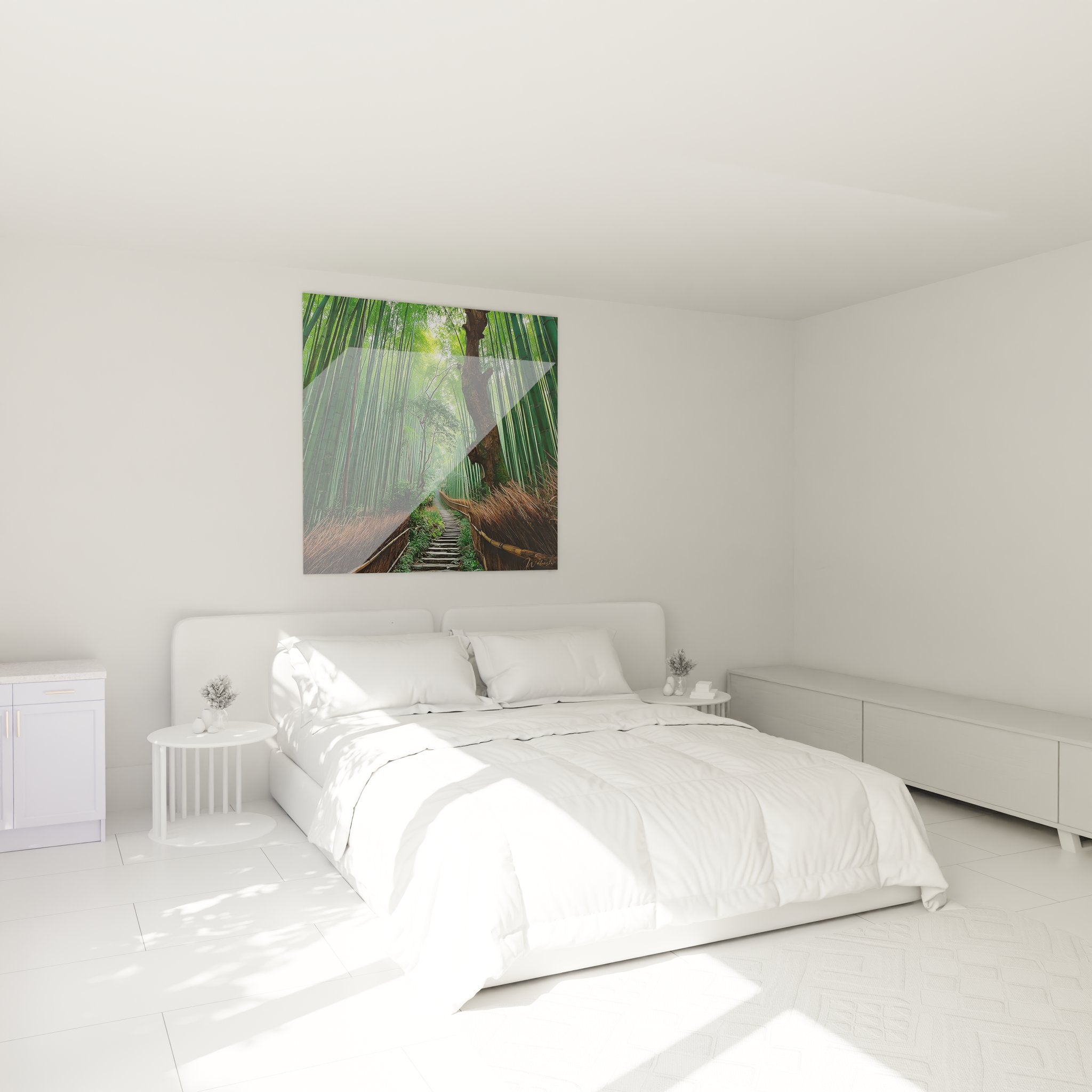 Ambiance chambre avec tableau forêt bambous sentier zen décoration murale