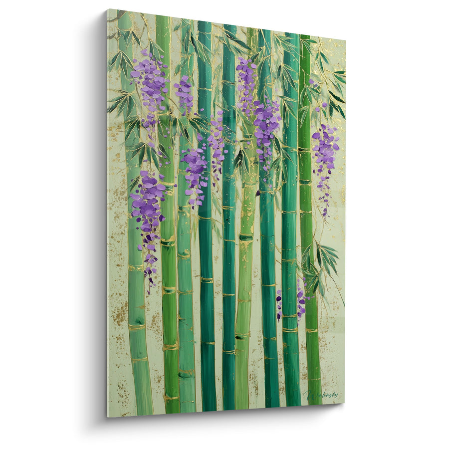 Tableau bambous verts et fleurs violettes de glycine - Jardin Zen - Edition Feng shui Sud-Est Bois