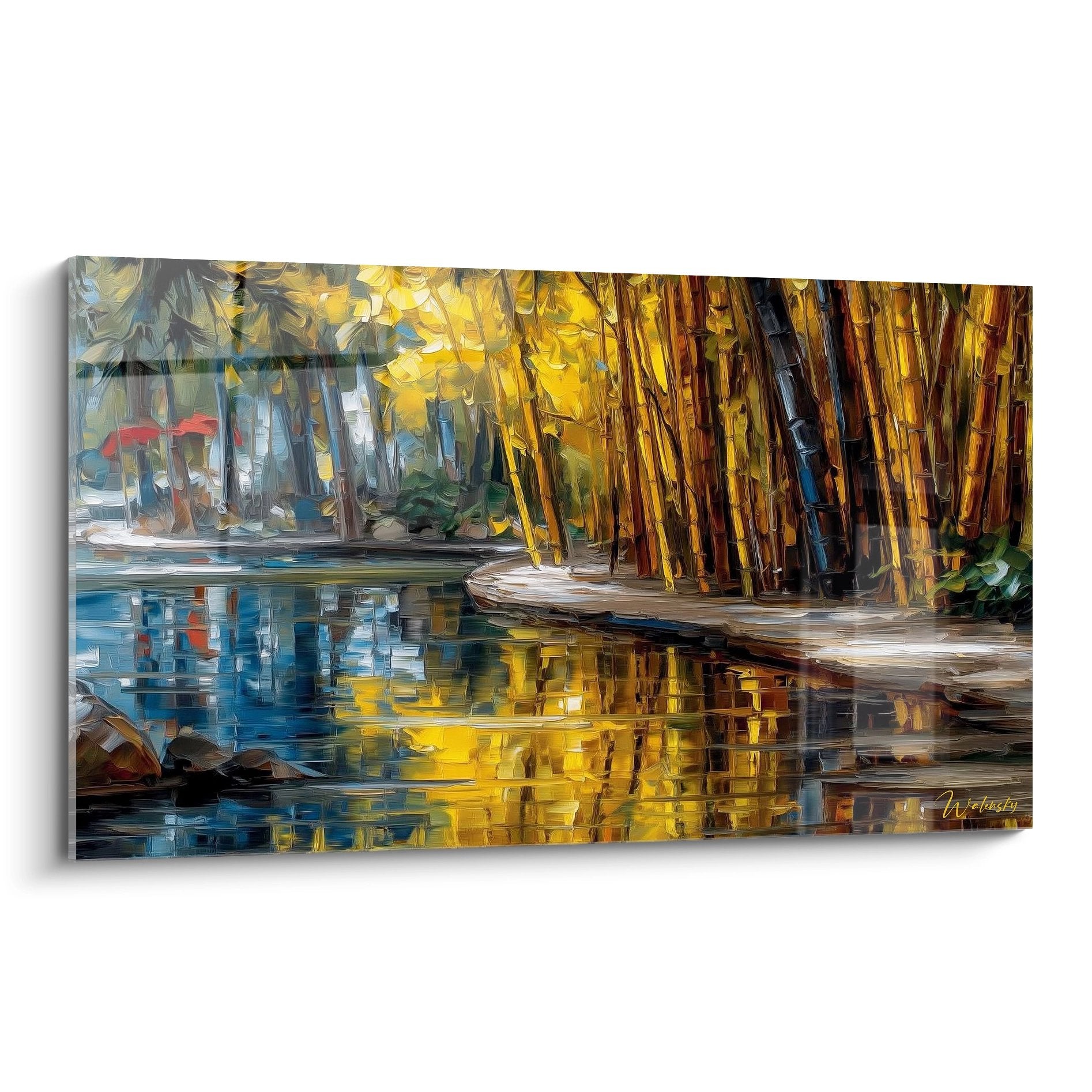 Tableau mural bambous dorés avec reflets sur eau, style impressionniste zen pour décoration naturelle