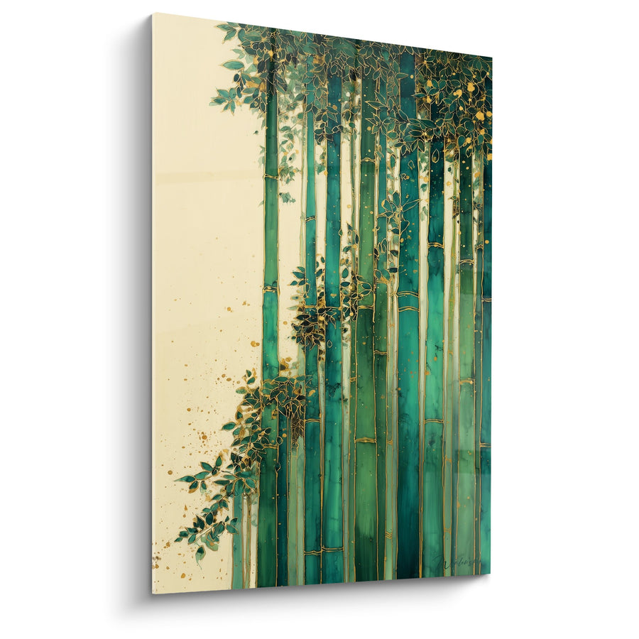 Tableau Bambous Verts et Dorés sur Fond Crème - Harmonie Végétale - Edition Feng shui Sud-Est Bois