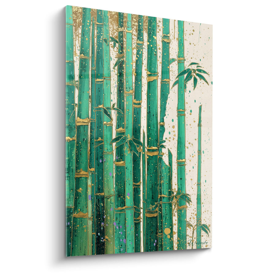 Tableau Bambous Verts et Dorés sur Fond Éclaboussé - Harmonie Végétale - Edition Feng shui Sud-Est Bois