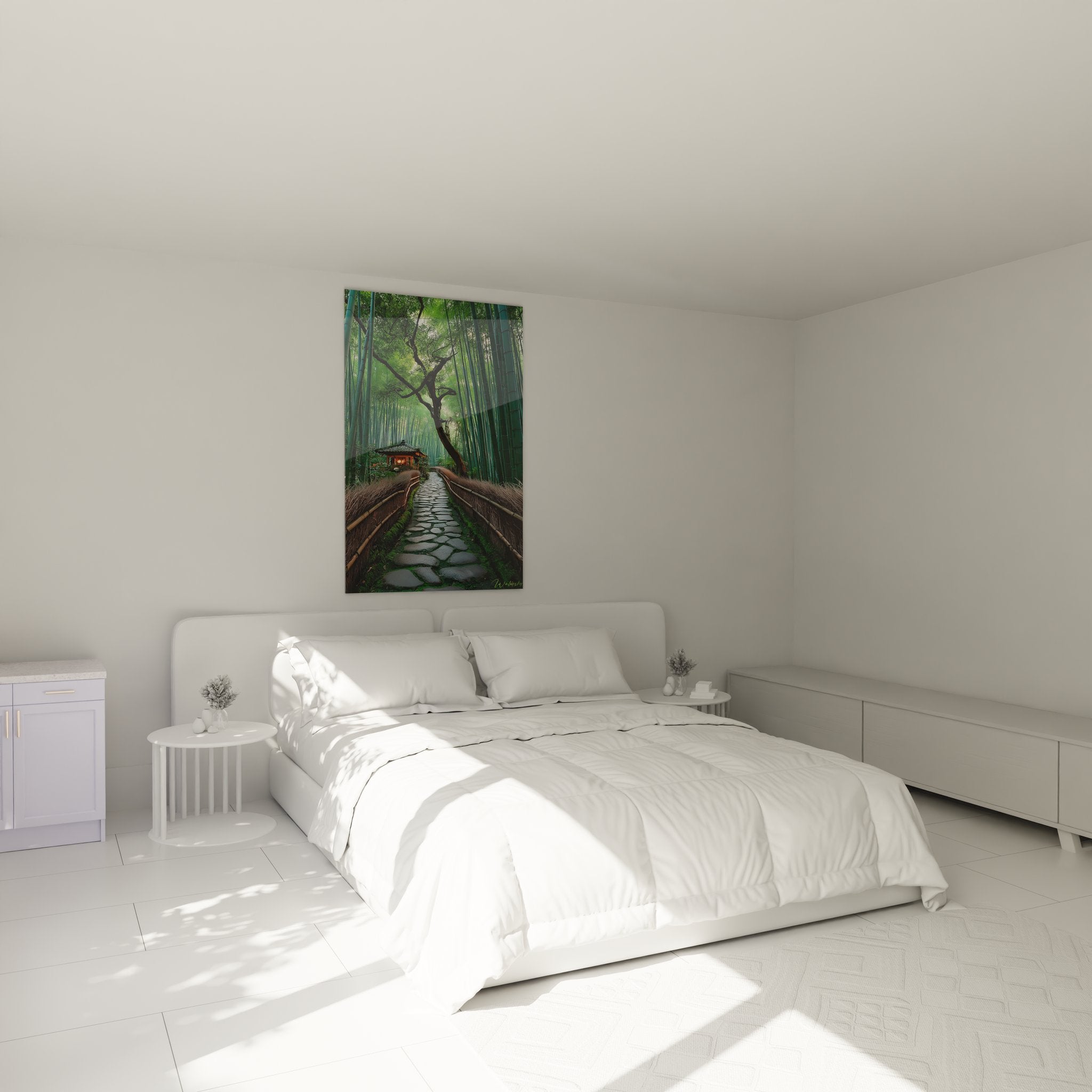 Tableau bambouseraie japonaise dans chambre zen créant ambiance apaisante avec chemin mystique bambous