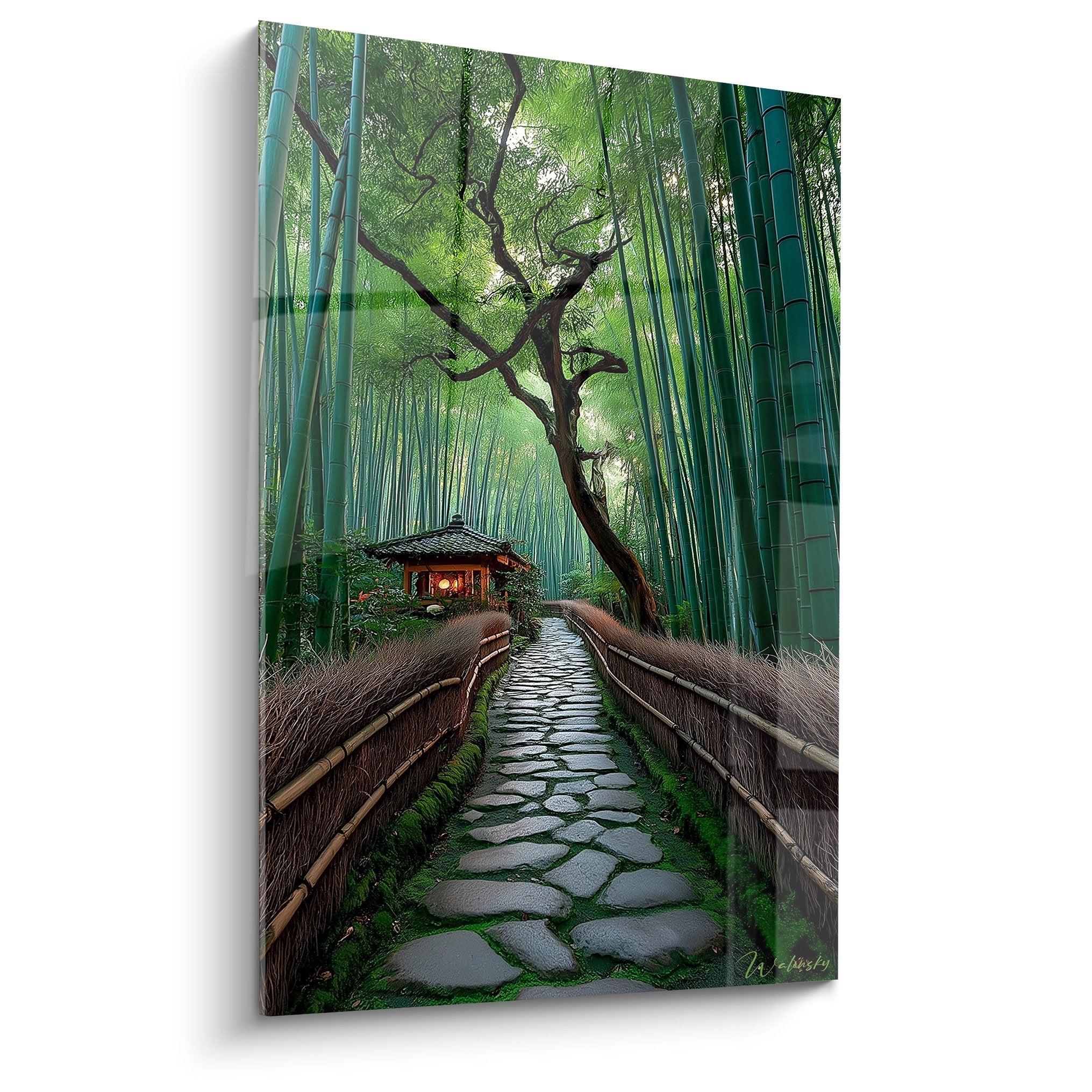 Tableau mural bambouseraie japonaise avec sentier de pierres et structure illuminée dans forêt zen mystique