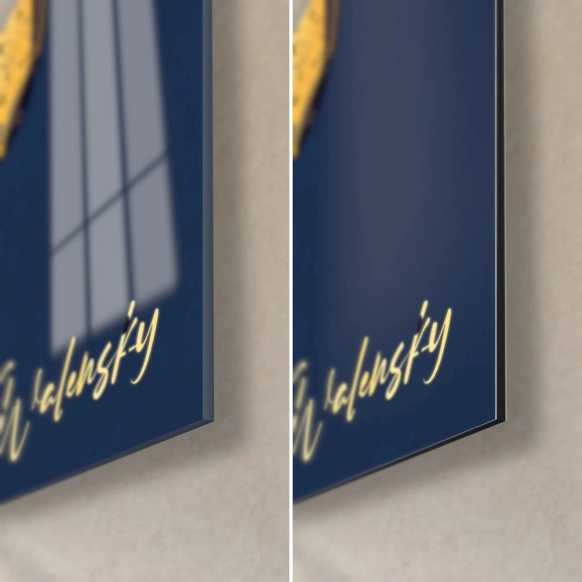 Gemälde gelbe Bananen auf Nachtblau, untere rechte Ecke: glänzendes Acrylglas links, mattes Dibond rechts, 3 mm Kante