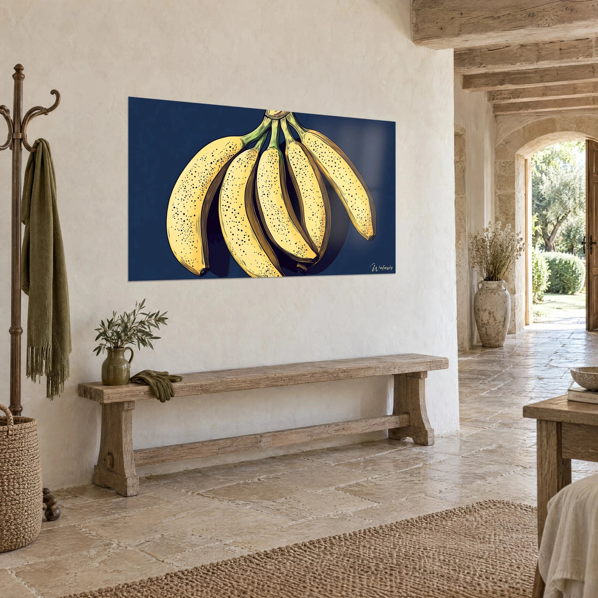 Gemälde fünf gesprenkelte Bananen mit schwarzen Punkten, blassgelb und marineblau, dreiviertel Ansicht neben einem Steinbogen