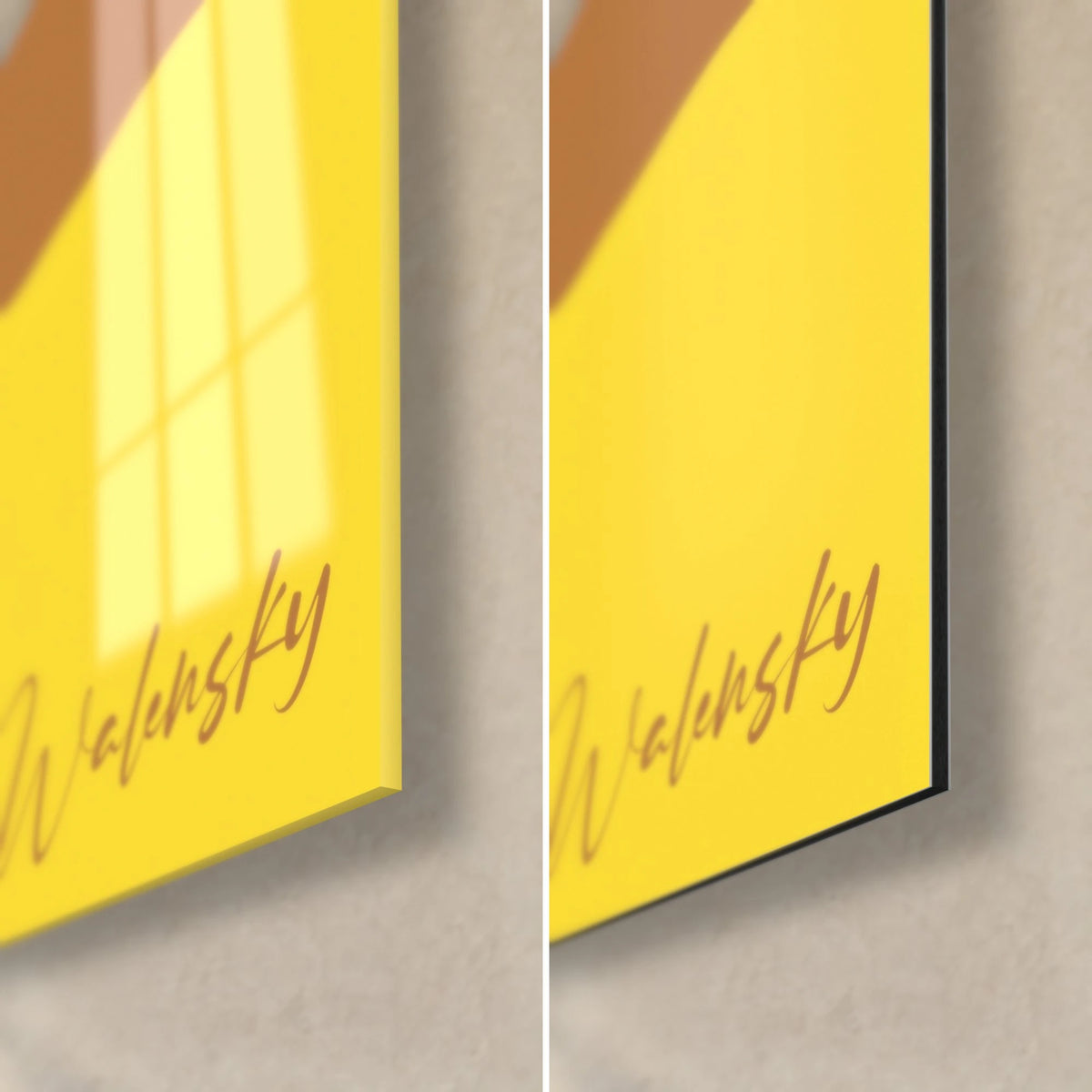 Gemälde Bananen als Illustration, untere rechte Ecke: glänzendes gelbes Acrylglas links, mattes schwarzes Dibond rechts