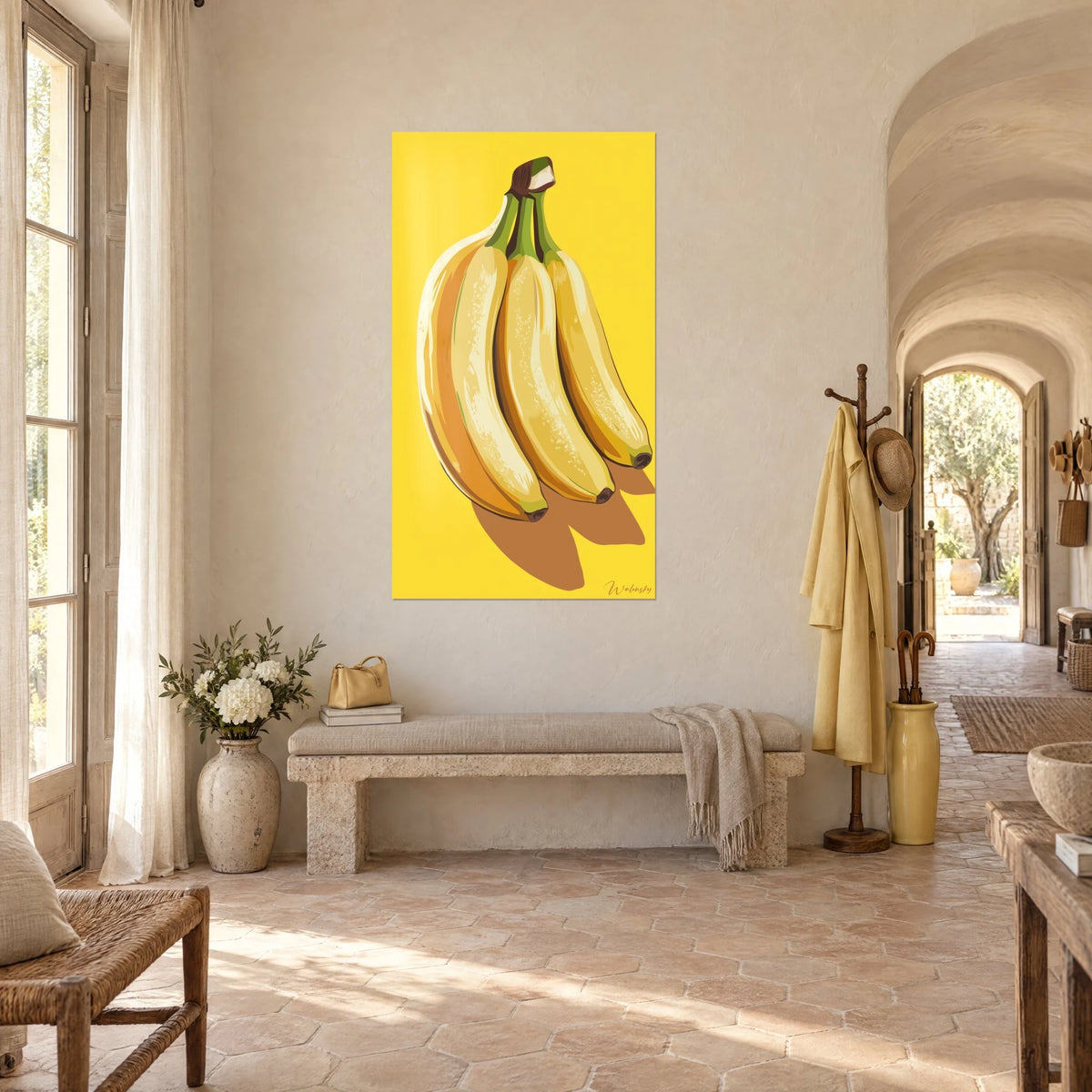 Gemälde drei reife Bananen mit ockerfarbenen und zart grünen Reflexen, aus Dreiviertelansicht in einem gewölbten Gang eines provenzalischen Gutshofs