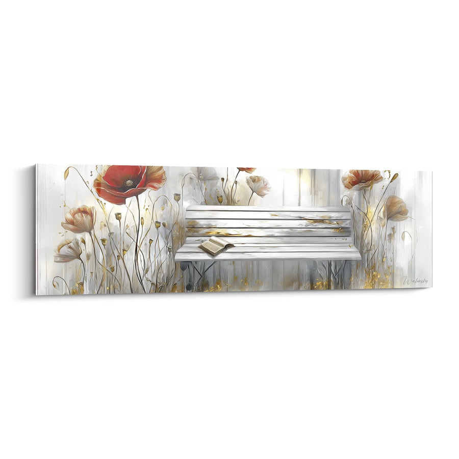 Tableau banc romantique aux fleurs rouges et dorées dans un jardin champêtre - Refuge Fleuri - Edition Coquelicot