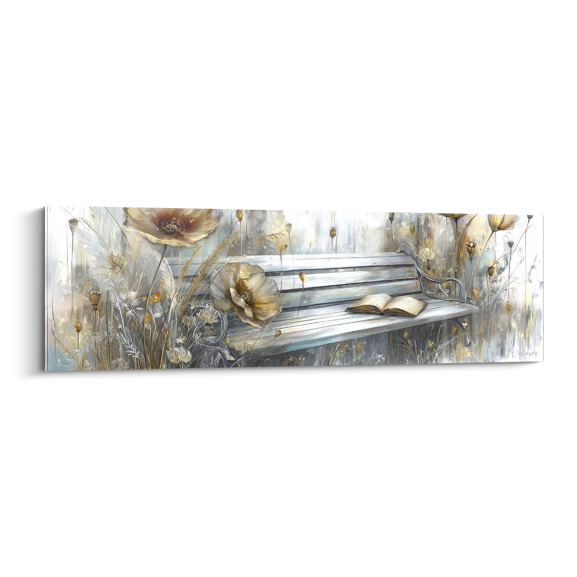 Quadro panchina da giardino fiori dorati libro aperto atmosfera poetica toni ambrati acquerello Edizione Papavero