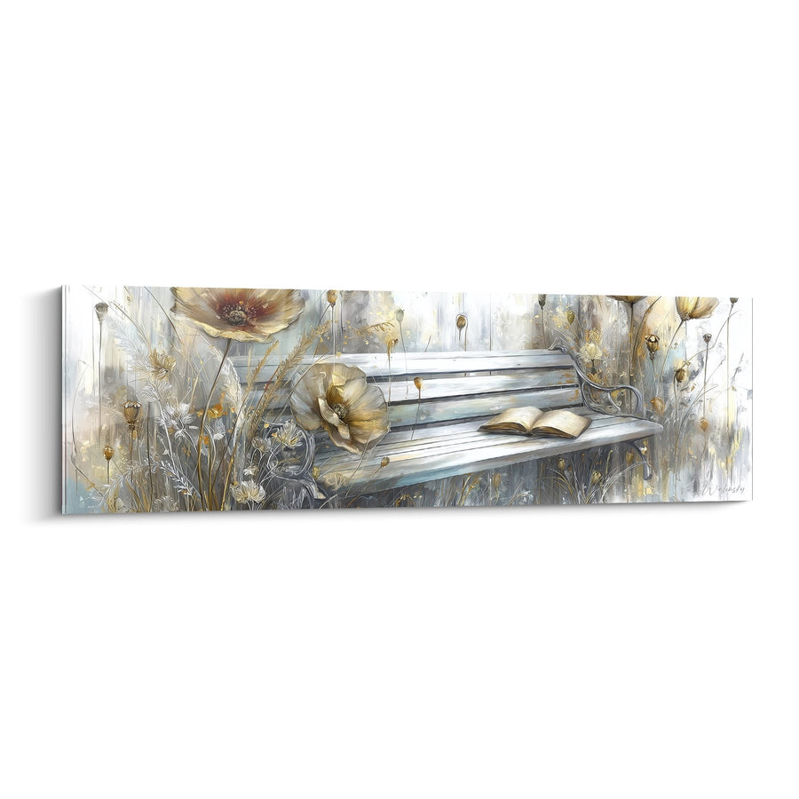 Tableau Banc de Jardin aux Fleurs Dorées et Livre Ouvert - Sérénité Poétique - Edition Coquelicot
