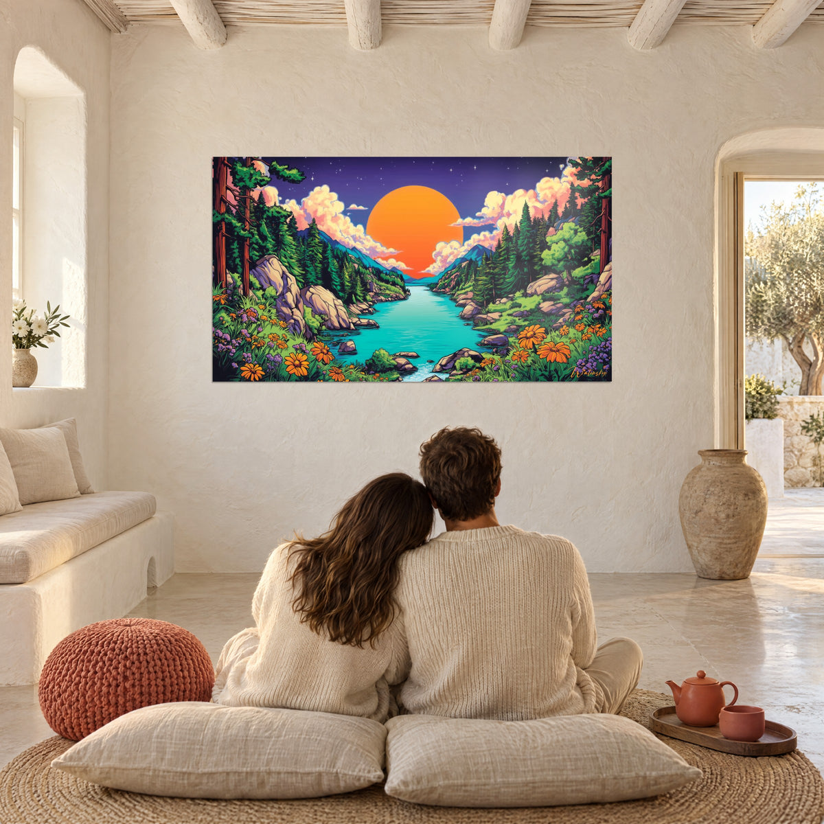 Quadro tramonto arancione su un fiume incantato, abeti verdi e nuvole rosa, di fronte a una coppia seduta sul pavimento