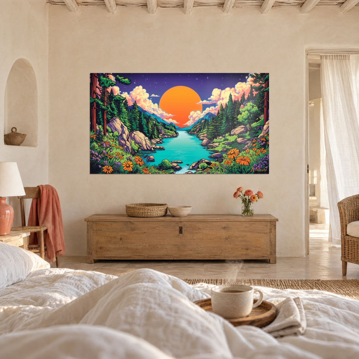 Quadro paesaggio di montagna e lago turchese, nuvole rosa pallido, sole arancione vivace, sopra un letto in una camera luminosa