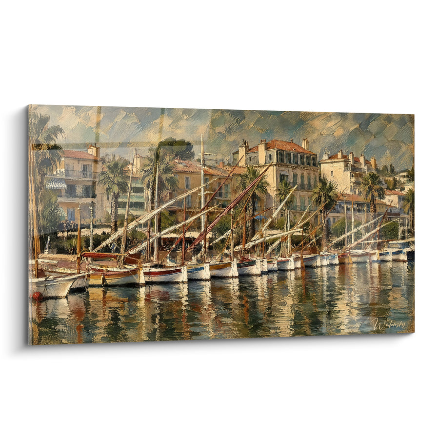 Painting of Sailboats Moored in Ochre and Green Harbor - Rest at the Port - Edition Bandol Provence-Alpes-Côte d'Azur France