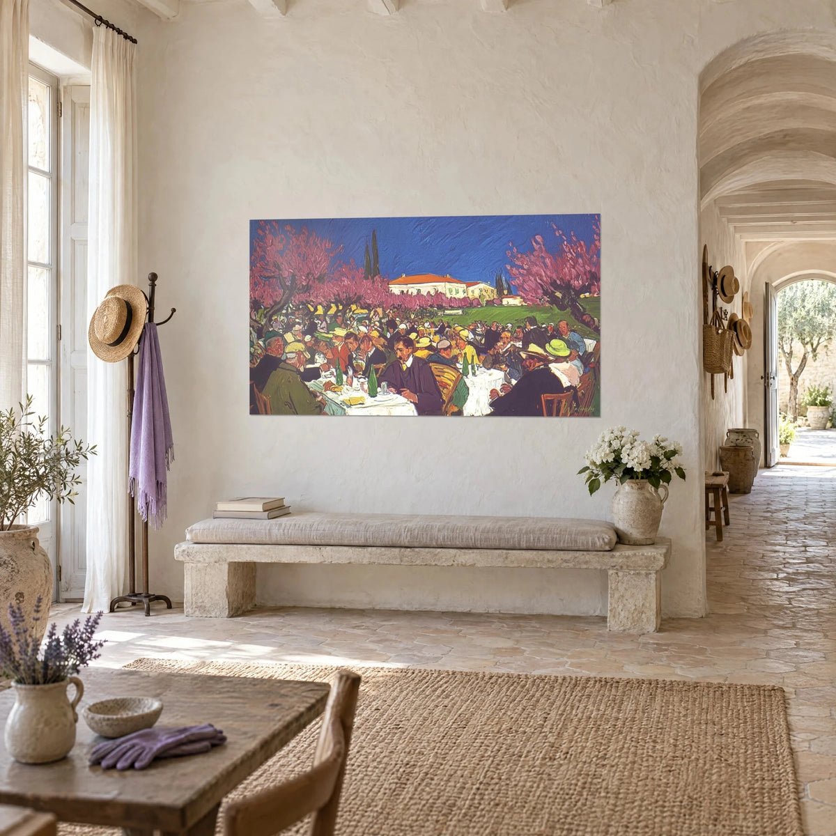 Wall art countryside lunch under blossoming cherry trees, indigo sky, farmhouse with orange roofs, seated guests, three-quarter view in a vaulted hallway