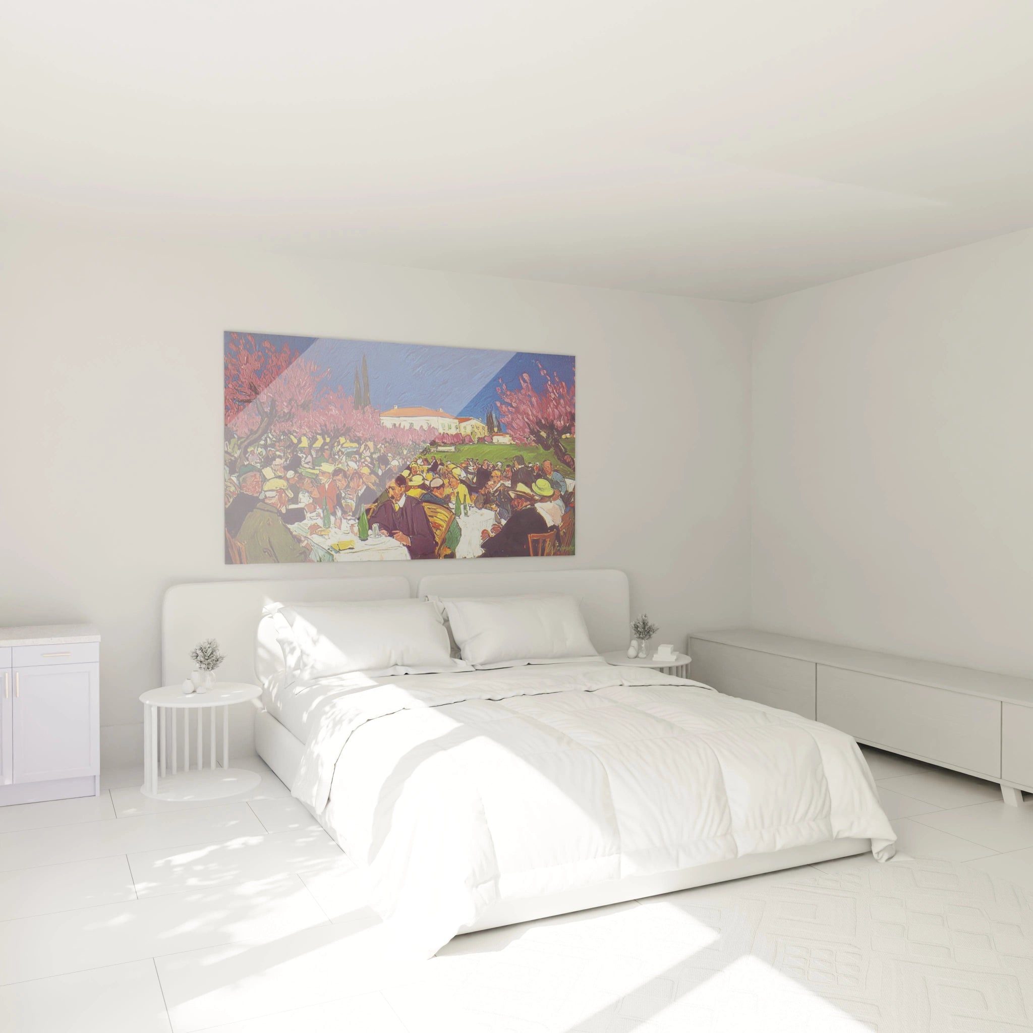 Tableau mural Walensky accroche au dessus d un lit blanc dans une chambre minimaliste tableau post impressionnisme original coloré