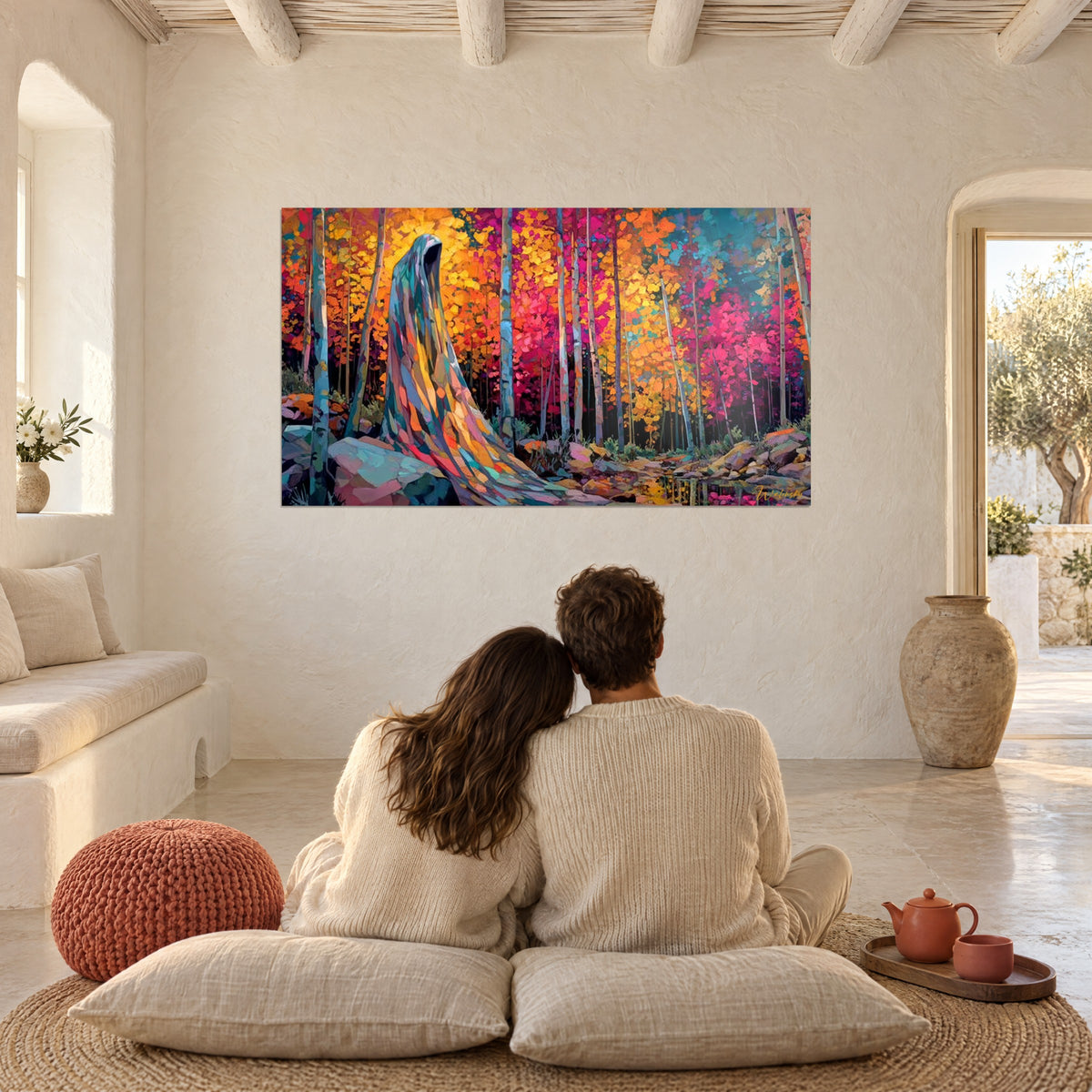 Schilderij Mysterieuze schaduw omhuld door oker- en koraalkleurige platen, scharlakenrood en gouden bos, tegenover een paar dat met de rug naar elkaar op kussens zit
