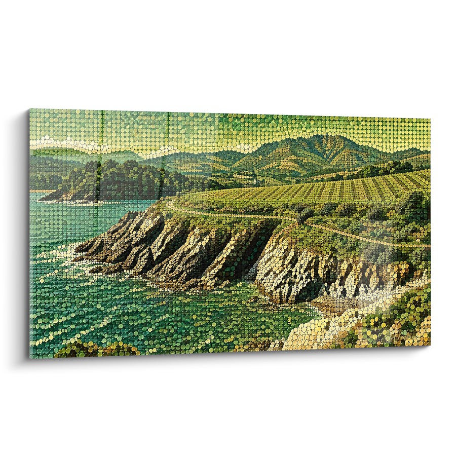 Tableau Côte rocheuse vert émeraude et ocre pointilliste - Lumière sur les vignes - Edition Banyuls-sur-Mer Occitanie France