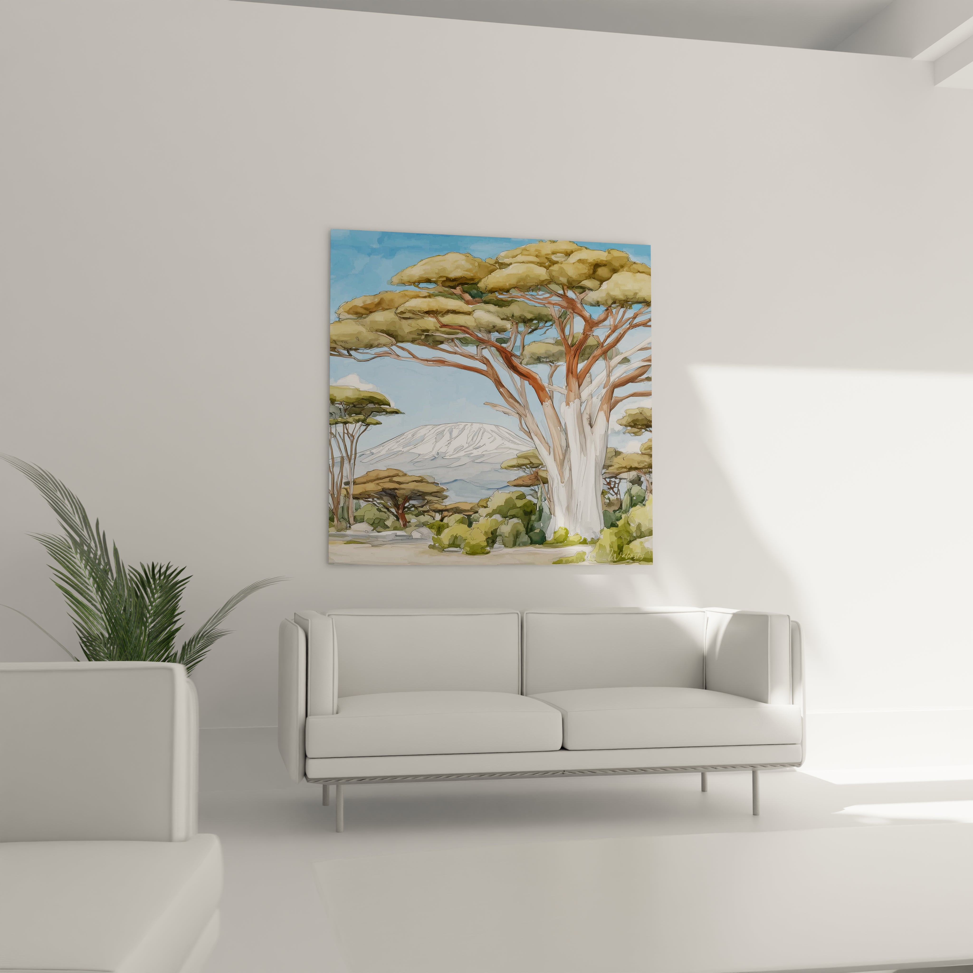 Tableau mural baobab africain de Walensky sur un mur blanc dans un salon moderne